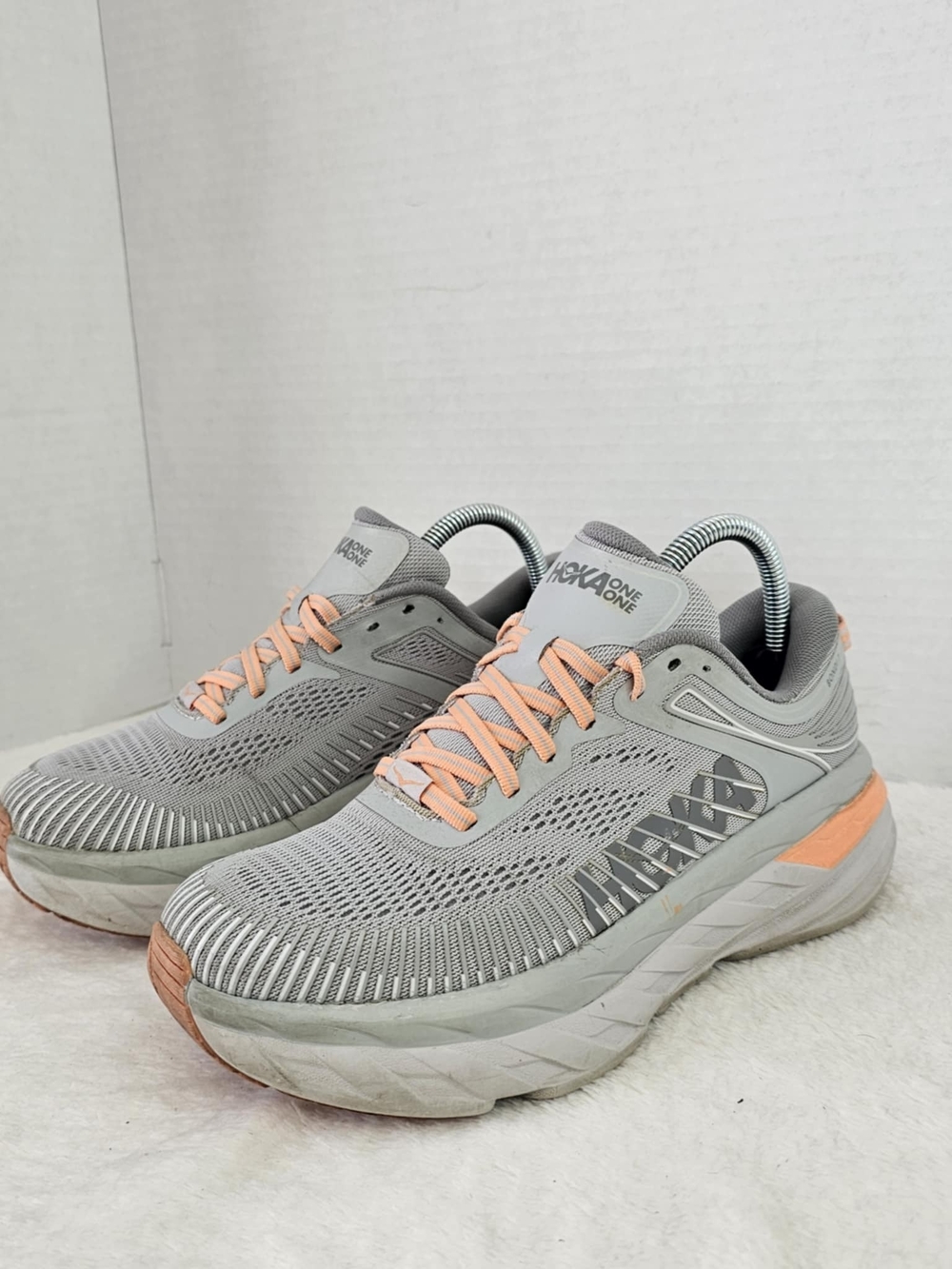 Hoka One One Women's Light Gray and Peach Athletic Shoes